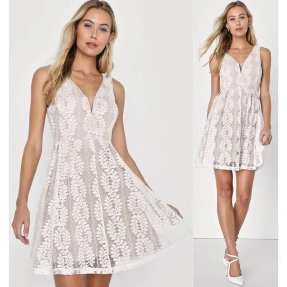 Lulus All of My Heart White Lace Skater Dress Size MP EUC - Picture 1 of 12